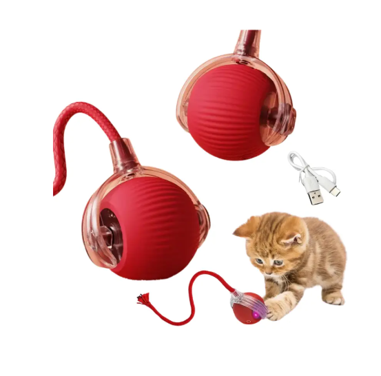 (Red) Smart Self Moving Cat Toy Ball USB Rechargeable Automatic Rolling Interactive Toy With LED Light for Pets