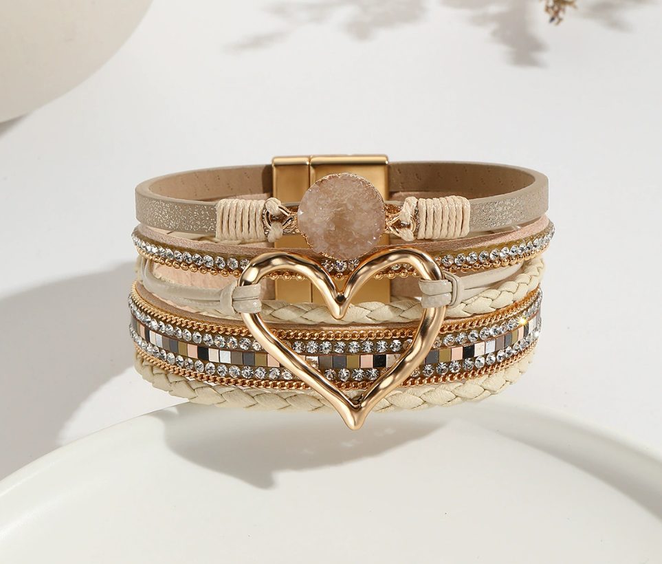 Heart Leather Wrap Bracelet for Women – Handmade PU Leather Boho Stackable Cuff