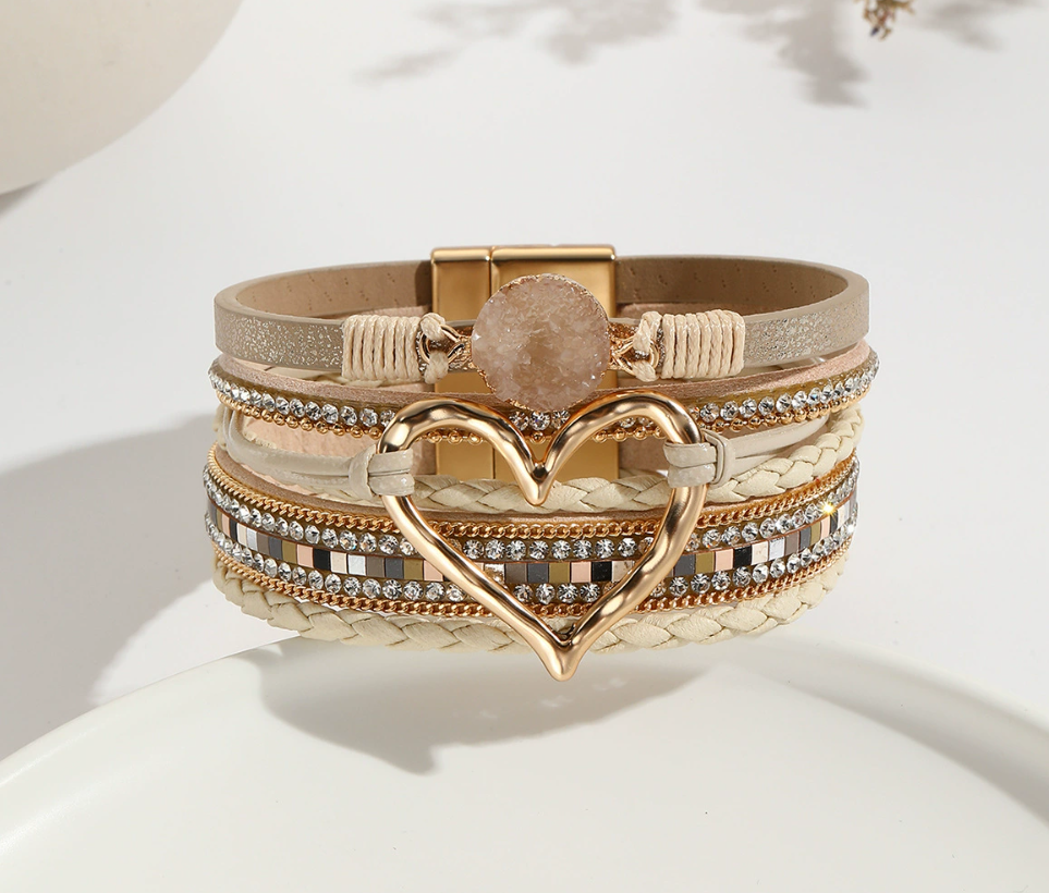 Heart Leather Wrap Bracelet for Women – Handmade PU Leather Boho Stackable Cuff