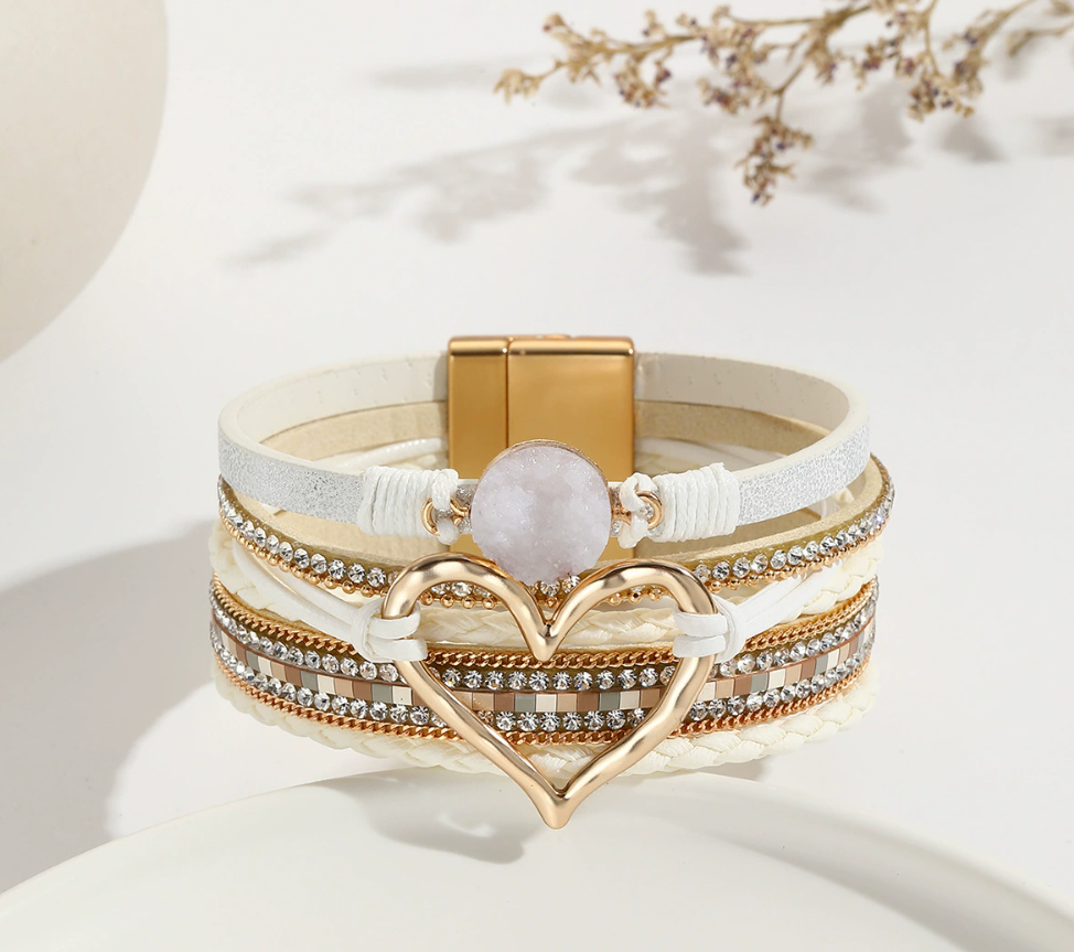 Heart Leather Wrap Bracelet for Women – Handmade PU Leather Boho Stackable Cuff