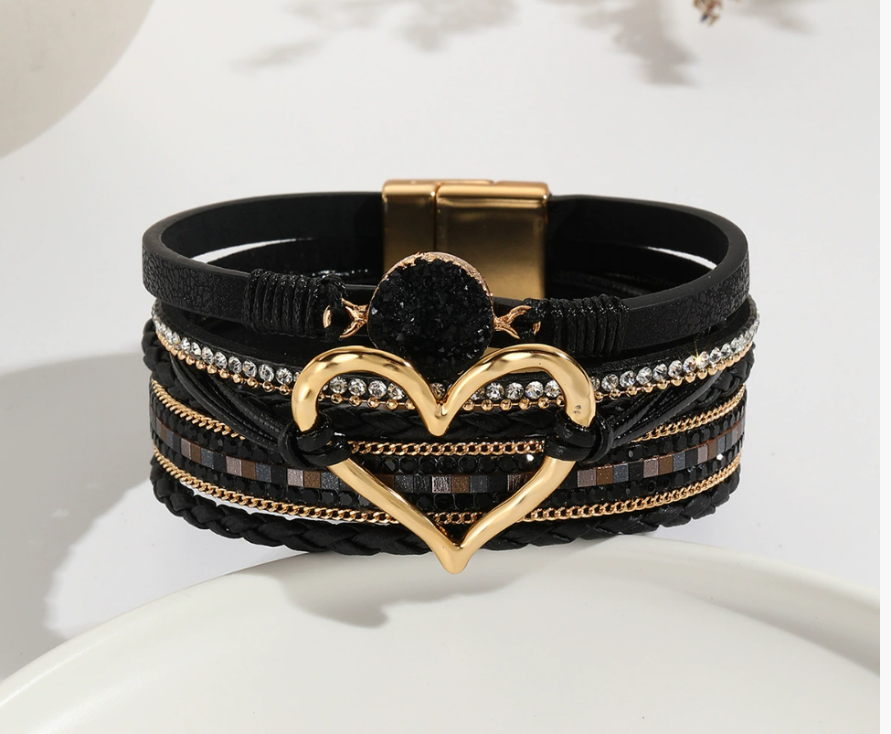 Heart Leather Wrap Bracelet for Women – Handmade PU Leather Boho Stackable Cuff