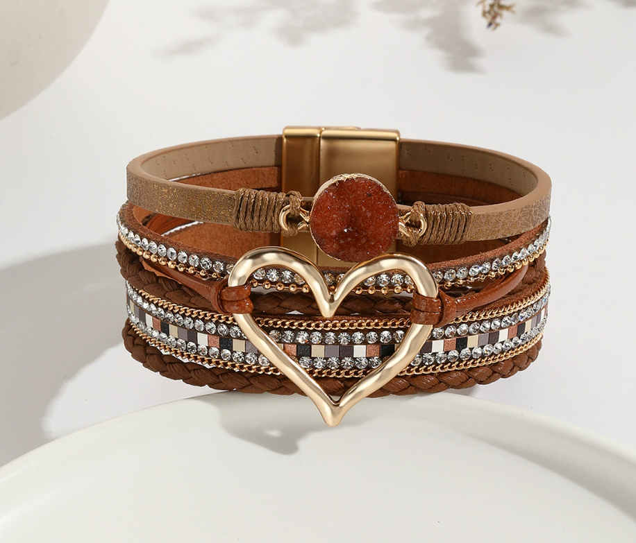 Heart Leather Wrap Bracelet for Women – Handmade PU Leather Boho Stackable Cuff