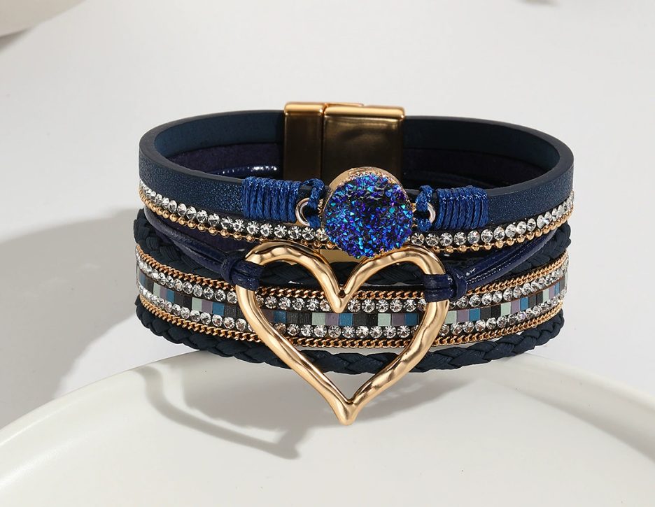 Heart Leather Wrap Bracelet for Women – Handmade PU Leather Boho Stackable Cuff