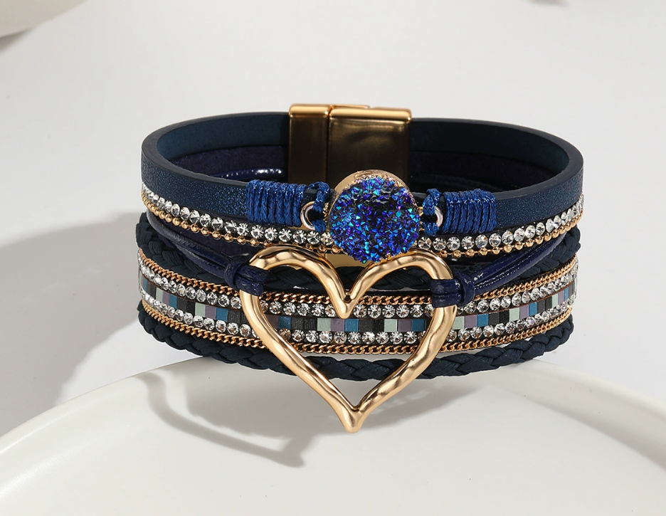 Heart Leather Wrap Bracelet for Women – Handmade PU Leather Boho Stackable Cuff