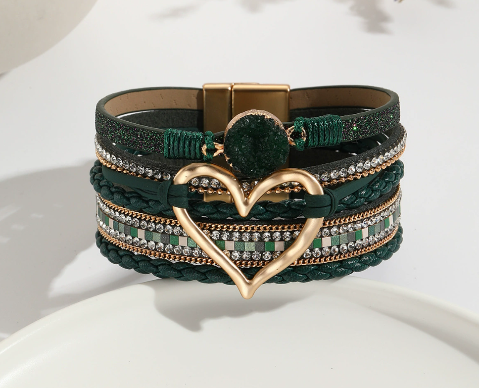 Heart Leather Wrap Bracelet for Women – Handmade PU Leather Boho Stackable Cuff