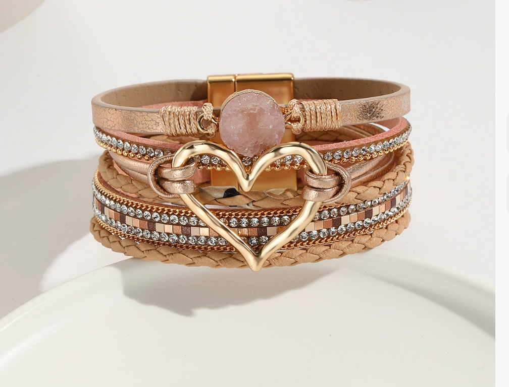 Heart Leather Wrap Bracelet for Women – Handmade PU Leather Boho Stackable Cuff