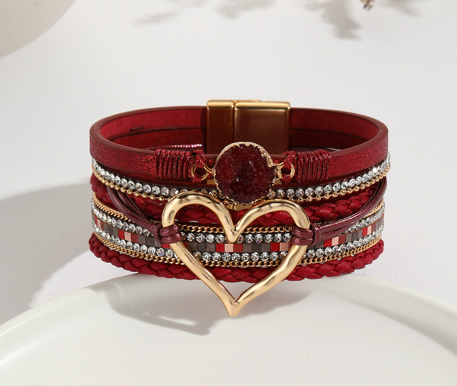 Heart Leather Wrap Bracelet for Women – Handmade PU Leather Boho Stackable Cuff