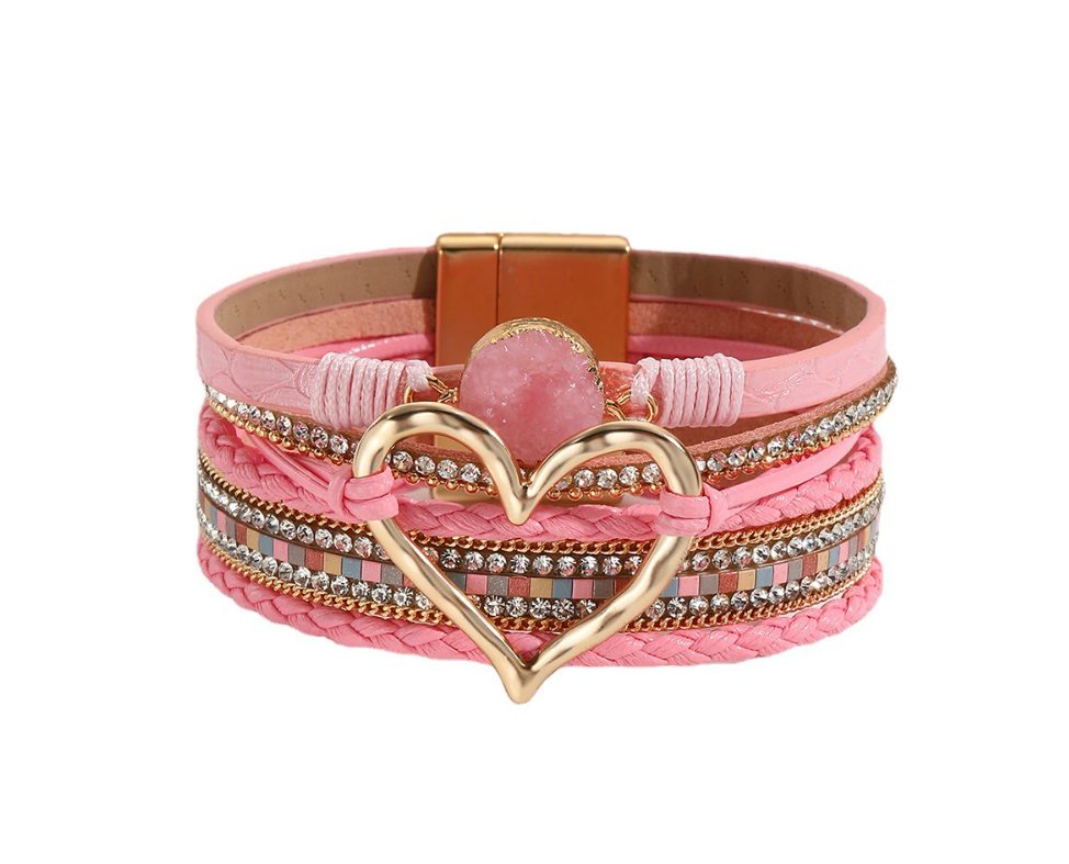 Heart Leather Wrap Bracelet for Women – Handmade PU Leather Boho Stackable Cuff