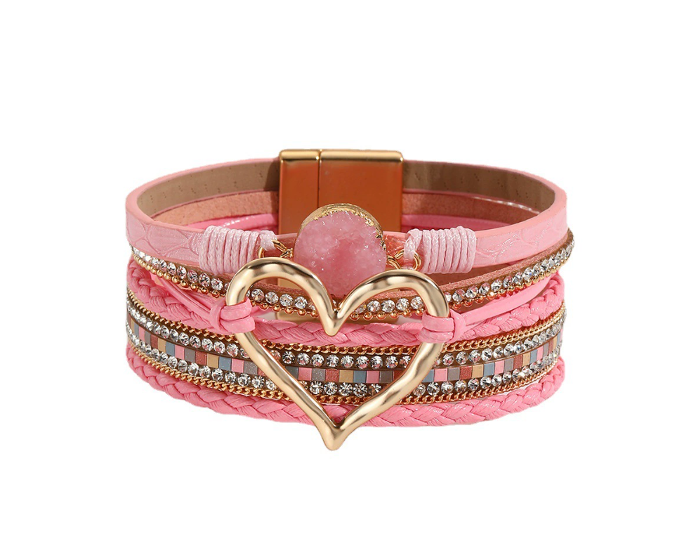 Heart Leather Wrap Bracelet for Women – Handmade PU Leather Boho Stackable Cuff