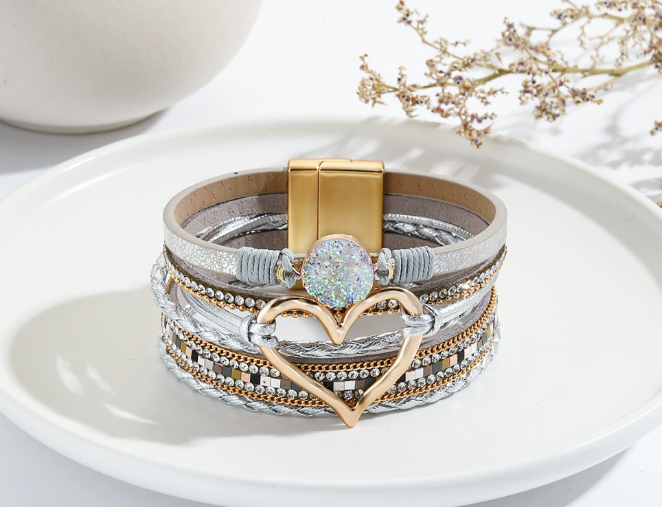 Heart Leather Wrap Bracelet for Women – Handmade PU Leather Boho Stackable Cuff