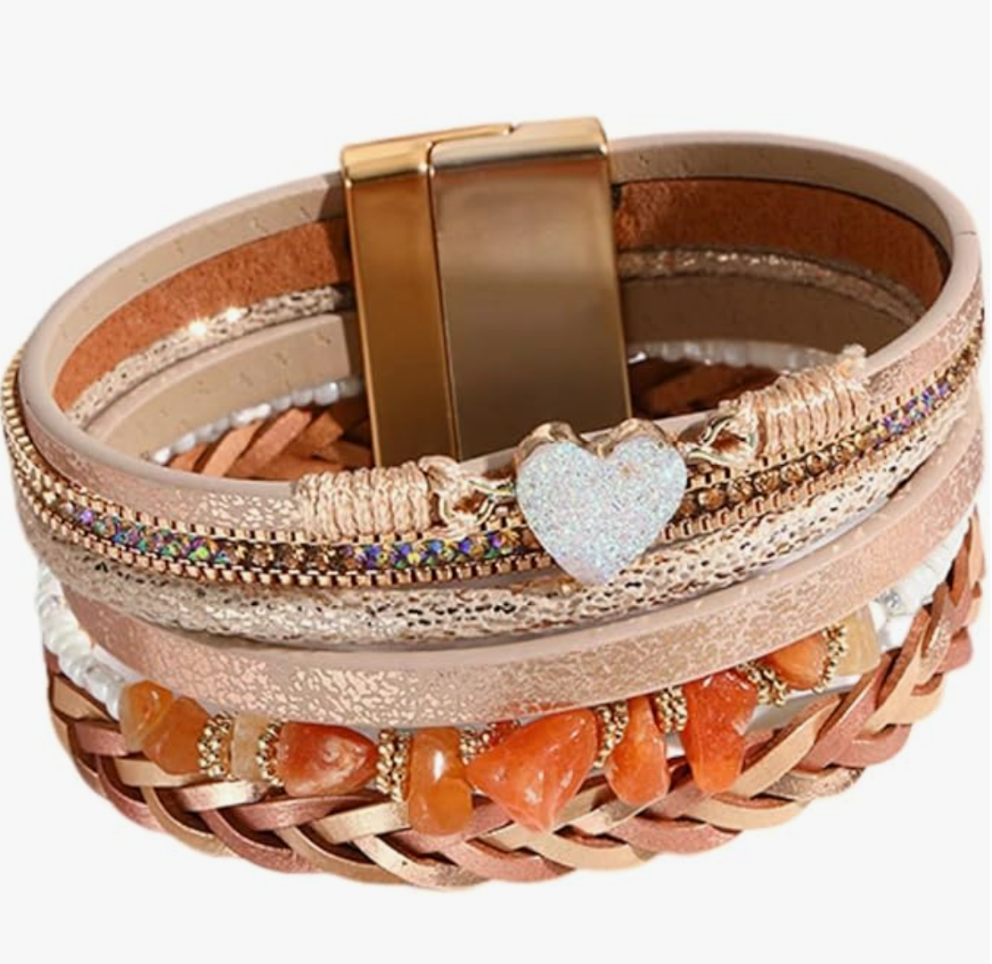 KunBead Sparkly Heart Leather Wrap Bracelet