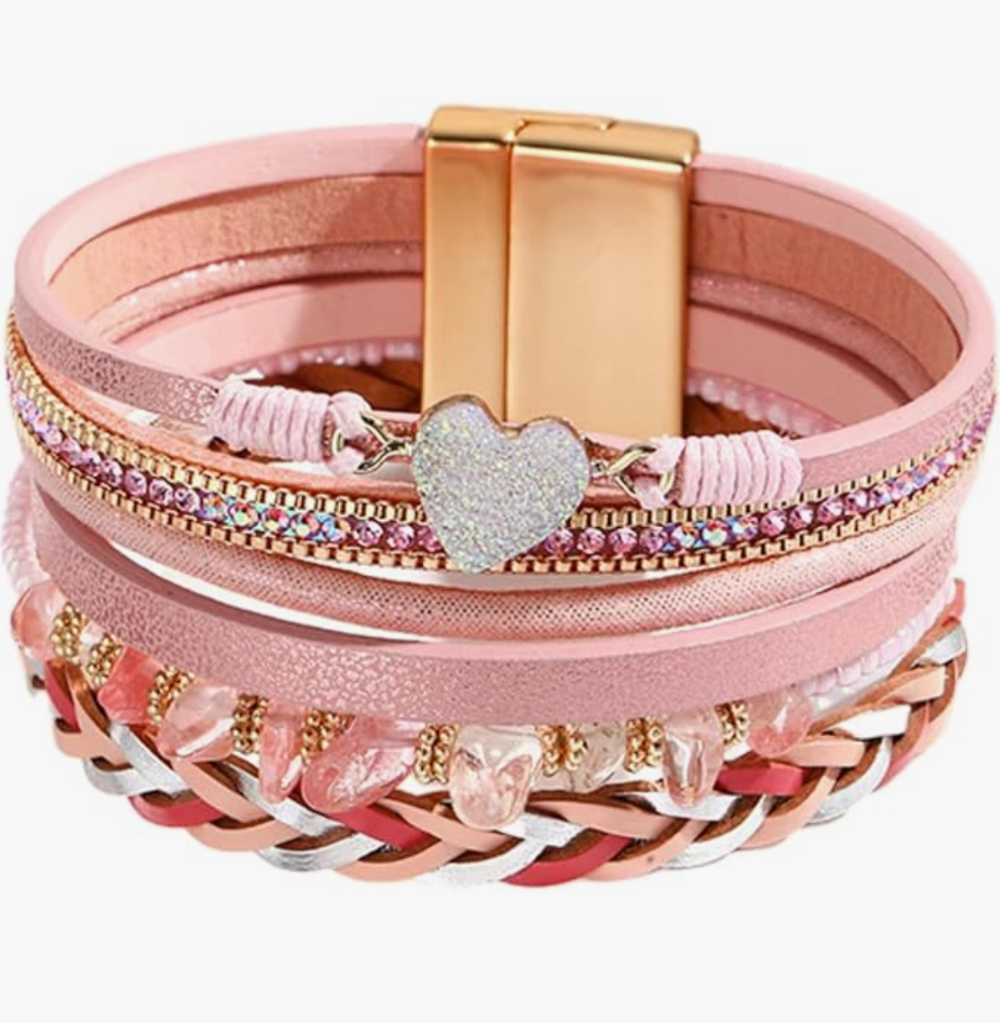 KunBead Sparkly Heart Leather Wrap Bracelet