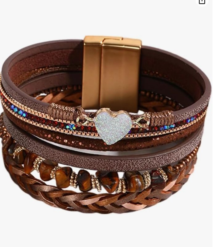 KunBead Sparkly Heart Leather Bracelet