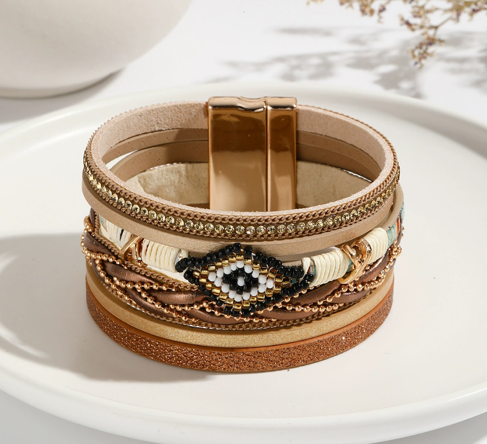 Eye-shaped seed bead handmade woven leather bracelet